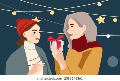two beautiful women give their friend gifts for christmas or new year. girls in warm winter clothes celebrate the holiday and give gifts. winter evening with friends. birthday. vector illustration 