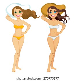 Two beautiful women posing with hand on hip wearing hat and bikini of different color style