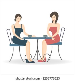 Two beautiful women are sitting in a cafe at a table, talking and drinking coffee. Vector illustration
