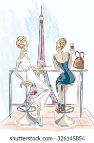 Two beautiful women sitting in cafe drinking cocktail and wine look at Eiffel Tower in Paris hand drawn vector illustration Background with model