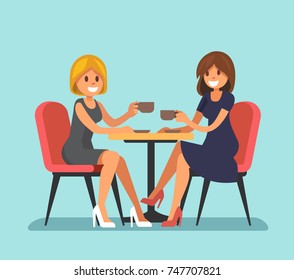 Two beautiful women sitting in a cafe. Vector flat style