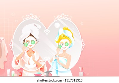 Two Beautiful Women with Towels on their Heads Applying Natural Face Mask with Slices of Cucumber near the Mirror. Girls Make Skin Care Using Homemade Natural Mask Vector Illustration