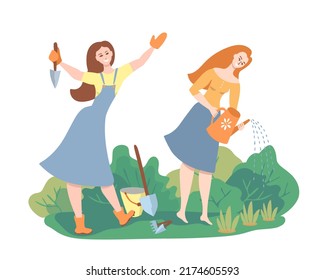 Two beautiful women working together in the garden, watering, planting plants, flowers. Love of gardening. Colorful female character and green garden isolated on white background. Vector illustration.