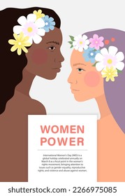 Two beautiful women with wreaths on their heads. Festive poster for International Women's Day. Vector illustration.