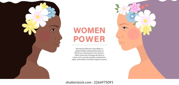 Two beautiful women with wreaths on their heads on a white background. Festive banner for International Women's Day. Vector illustration.