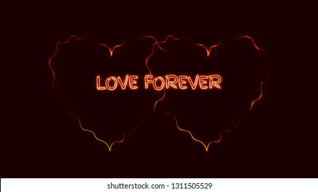 Two beautiful yellow abstract magical energy electric fiery shiny glowing festive hearts with sparks on a red background and the inscription love forever. Vector illustration.