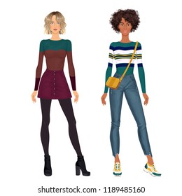 Two beautiful yound women. Dress up female paper dolls, ready for cut out and play. All clothes removable and mixable. Isolated vector illustration.