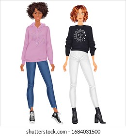 Two beautiful yound women. Dress up female paper dolls, ready for cut out and play. All clothes removable and mixable. Isolated vector illustration.