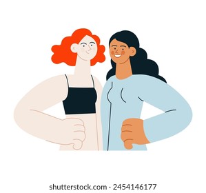 Two beautiful young smiling women embracing each other. Different skin tone females in sport clothes standing opposite each other holding arm on waist. Modern vector illustration. Healthy lifestyle.