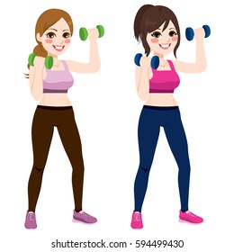 Two beautiful young women doing fitness with dumbbell