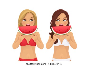 Two beautiful young women looking at each other eating slice of juicy watermelon isolated vector illustration