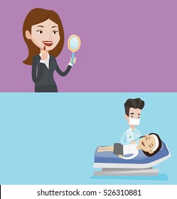 Two beauty banners with space for text. Vector flat design. Horizontal layout. Smiling woman doing makeup. Woman rouge lips with lipstick. Young woman paints her lips. Woman applying lips makeup.
