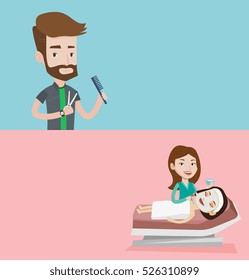 Dos pancartas de belleza con espacio para el texto. Diseño plano vectorial. Diseño horizontal. Cosmetólogo aplicando máscara cosmética a la cara del cliente en el salón de belleza. Mujer en salón durante el procedimiento de cosmetología.