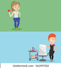 Two beauty banners with space for text. Vector flat design. Horizontal layout. Young happy man in oversized trousers. Slim man showing the results of his diet. Dieting and healthy lifestyle concept.