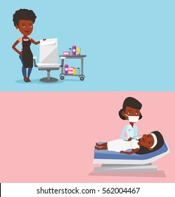 Two beauty banners with space for text. Vector flat design. Horizontal layout. African-american woman getting cosmetic dermal injection in beauty salon. Doctor making beauty injection to a client.