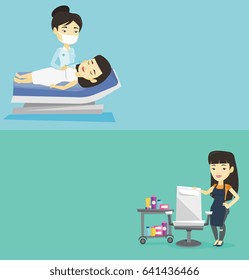 Two beauty banners with space for text. Vector flat design. Horizontal layout. Asian hair stylist standing near armchair in barber shop. Professional hair stylist standing at workplace in barber shop.