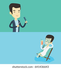 Two beauty banners with space for text. Vector flat design. Horizontal layout. Man with face mask lying in chaise lounge in beauty salon. Man relaxing in beauty salon. Man having beauty treatments.