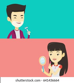 Two beauty banners with space for text. Vector flat design. Horizontal layout. Smiling asian woman doing makeup. Woman rouge lips with lipstick. Young woman paints lips. Woman applying lips makeup.