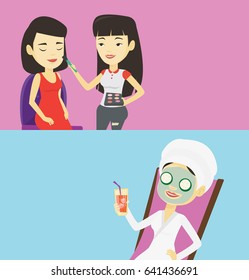 Two beauty banners with space for text. Vector flat design. Horizontal layout. Visagiste applying makeup on woman face. Visagiste doing makeup to young asian woman. Visagiste doing makeup to a model.