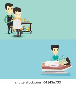 Two beauty banners with space for text. Vector flat design. Horizontal layout. Hairdresser cutting hair of woman in beauty salon. Hairdresser making haircut to a client with scissors in beauty salon.