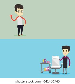 Dos pancartas de belleza con espacio para el texto. Diseño plano vectorial. Diseño horizontal. Joven hombre feliz con pantalones muy grandes. Hombre delgado mostrando los resultados de su dieta. Concepto de dieta y estilo de vida saludable.