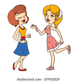 Two beauty hand drawing retro dancing vector girls in skirts