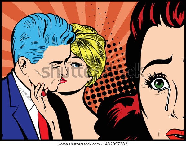 2人の美人は 卑劣な浮気をする男のコンセプトを持つ不幸な女の子 女が夫に金髪の女とキスをして泣く 浮気恋愛レトロポップアートビンテージ漫画ベクター イラスト のベクター画像素材 ロイヤリティフリー