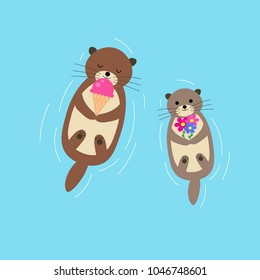two beaver family vector in flat style on blue background illustration