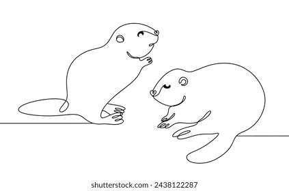 Two beavers drawn in a line sit opposite each other. Cute rodents with a big tail. Vector illustration for different uses.