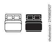 Two bed icons one white outline one solid black depicting bedroom furniture