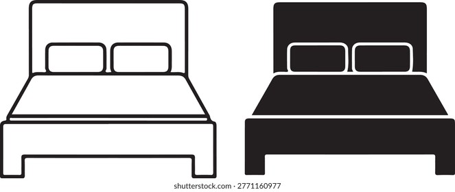 Two bed one outline and one solid black silhouette, featuring headboards and pillows on a white background