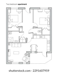 Two bedroom apartment floor plan. Top view flat vector illustration. Interior architecture.