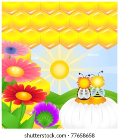 Two bee sitting on a flower in the frame of hundreds of admiring the sun