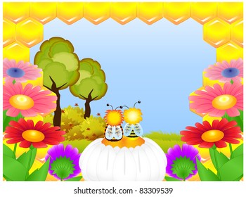 Two bee sitting on a flower and admiring autumn forest