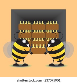 Two Bee Storage Honey Jar Into The Warehouse. Vector Illustration