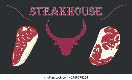 Two beef steaks with a bull head icon.Vector Illustration. Steakhouse logo. Restaurant label, emblem, logo.