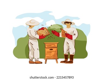 Two beekeepers collect honey in an apiary isolated on green. Beekeeping and people in protective suits next to a hive and a swarm of bees. Group of men harvest honey. Cartoon vector illustration.