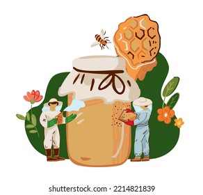 Two beekeepers in protective suits near a big jar of honey on a floral background are isolated on white. Beekeeping and people. Poster concept about harvesting honey by farmers. Vector illustration