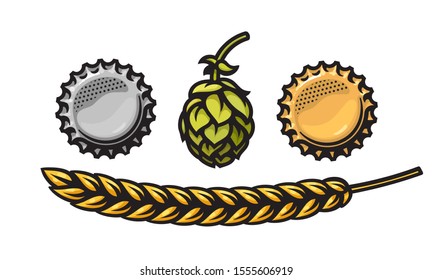 Dos tapas de botella de cerveza, plata y oro, cono de lúpulo y cebada o oído de trigo. Elemento de diseño para la producción de cerveza, cervecería, pub y bar. Ilustración vectorial dibujada a mano aislada en fondo blanco.