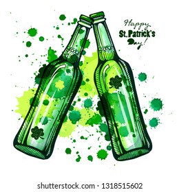 Two beer bottles, engraving for St. Patrick's Day on the background of splashes.