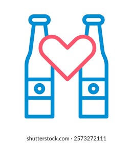 Two beer bottles with heart icon. Concept of love, celebration, and togetherness.