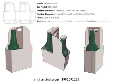 Two beer bottle's holder with handle on top, crash lock on bottom, packaging design template gluing die cut - vector svg