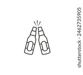 Two beer bottles icon. Clink, cheers and toasting. Vector outline illustration white background.	
