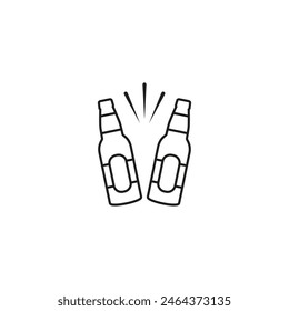 Two beer bottles icon. Clink, cheers and toasting. Vector outline illustration white background.	
