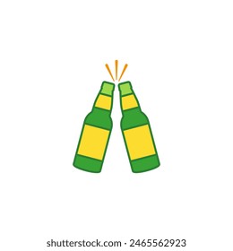 Two beer bottles icon. Clink, cheers and toasting. Color vector illustration white background.	