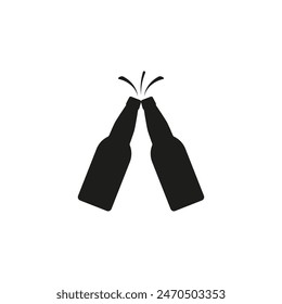 Two beer bottles icon. Clink, cheers and toasting. Vector illustration white background.
