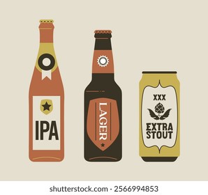 Two beer bottles and tin can. Craft brewery or oktoberfest graphic. Beer festival or drinks concept. Vector flat illustration design isolated. 