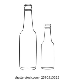 Two beer bottles without labels one line drawing on white isolated background