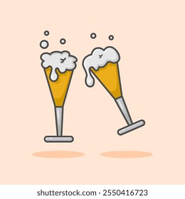 Two beer drink glasses toasting and cheering, designed in simple flat cartoon style. Illustration icon of a glass filled with beer.