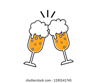 Two beer glass. Cheers mate. Drink with friends. pub menu. clink glasses festival Isolated on white background. Vector Illustration.